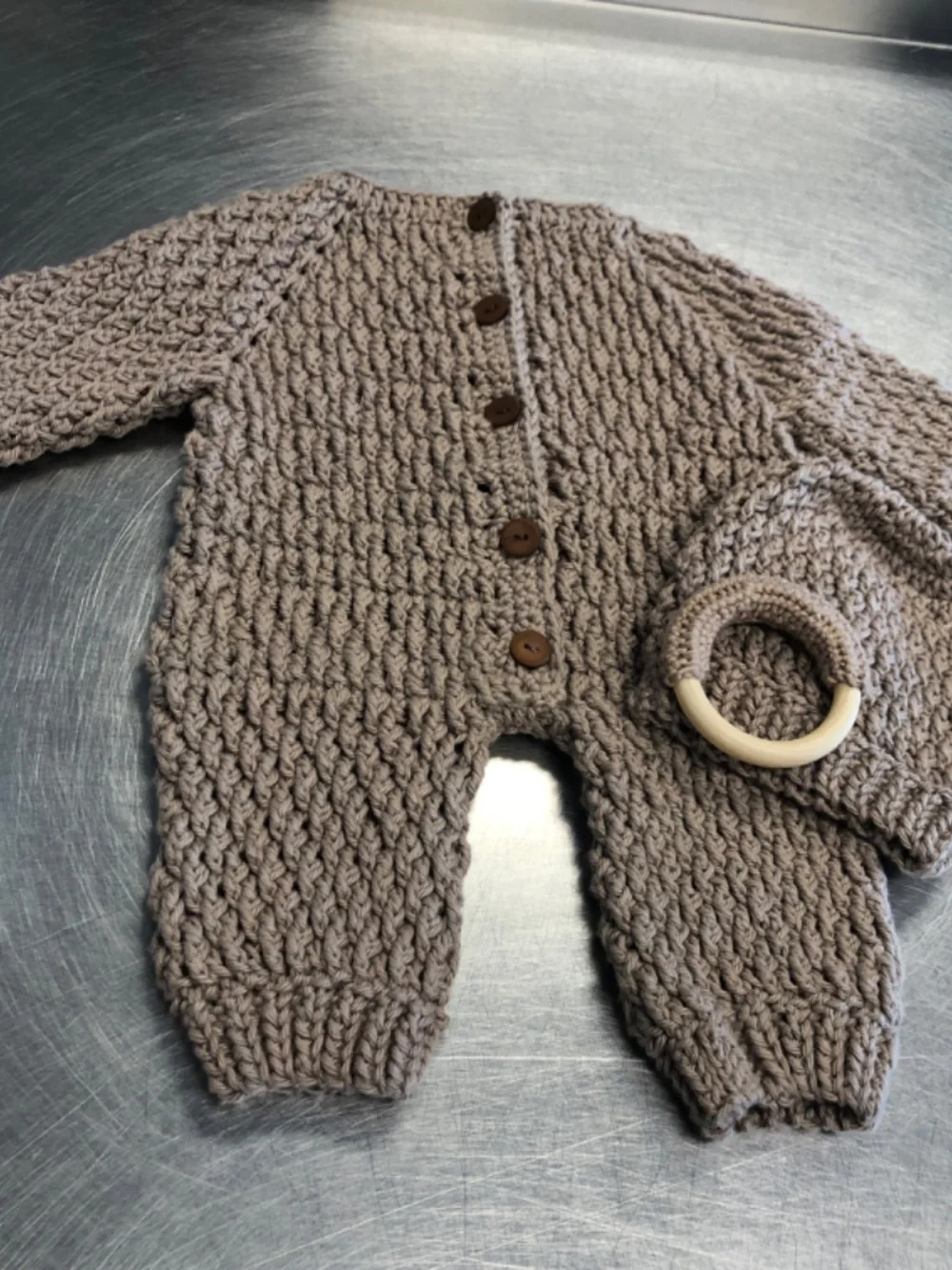Handmade Baby Crochet Romper Gift Set with Beanie & Crochet Wooden Ring 6-9 Mos.